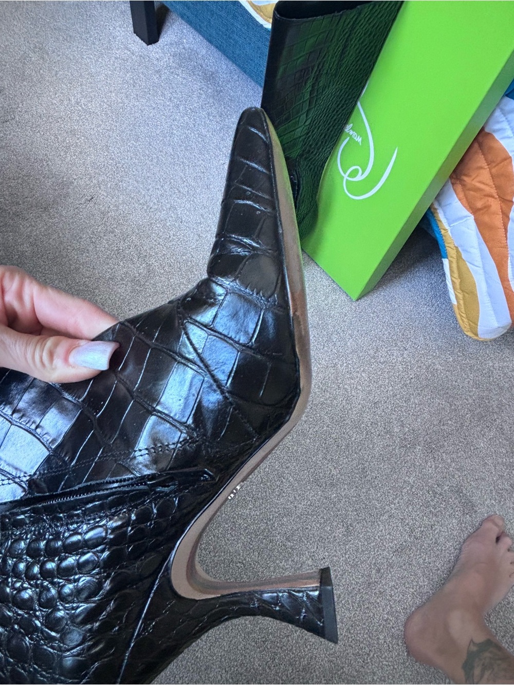Sam Edelman Black Croc-Embossed Knee-High Heeled Boots - Picture 3 of 13
